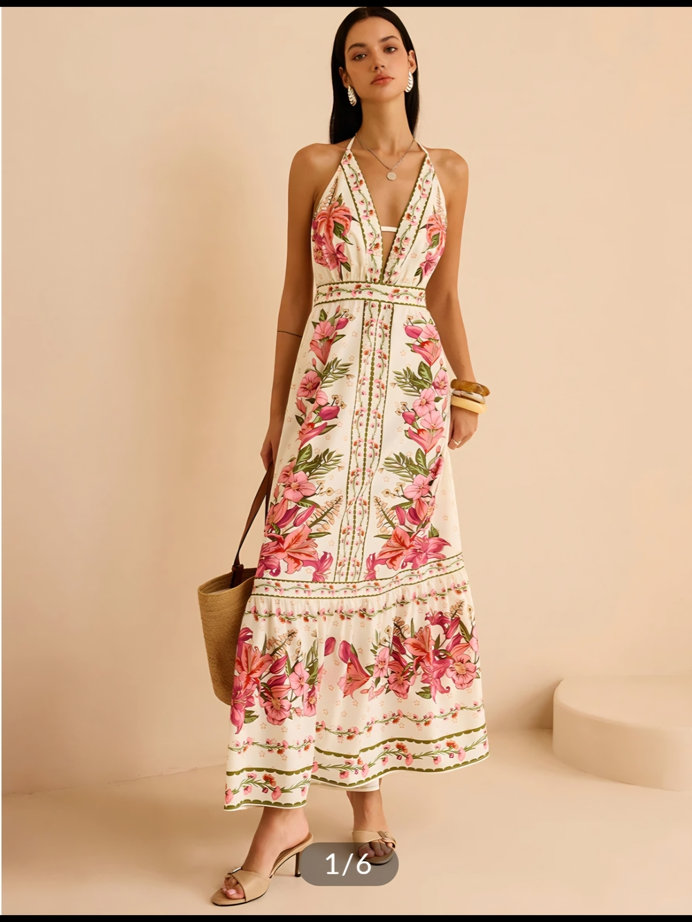 Commense Floral Halter Maxi Dress - Pink/White.